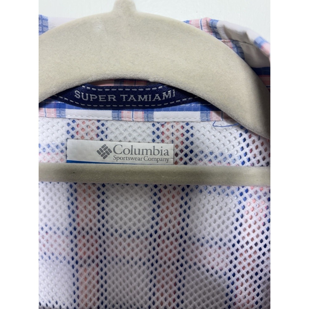 Columbia PFG Super Tamiami Mens Medium Plaid Fishing Shirt Blue Pink And White - Picture 6 of 10